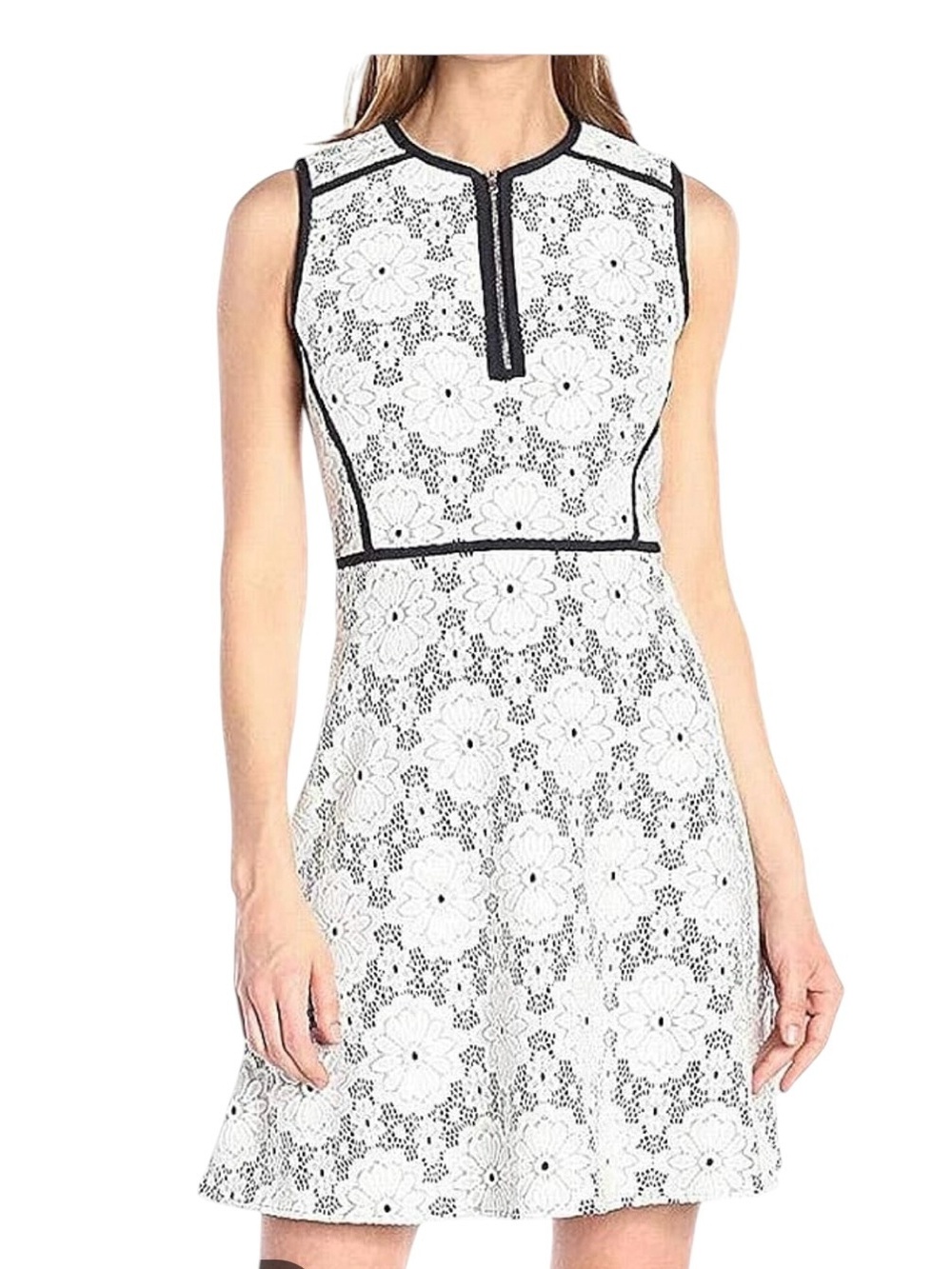 Nanette Lepore chic White Floral Lace Dress with Black Piping